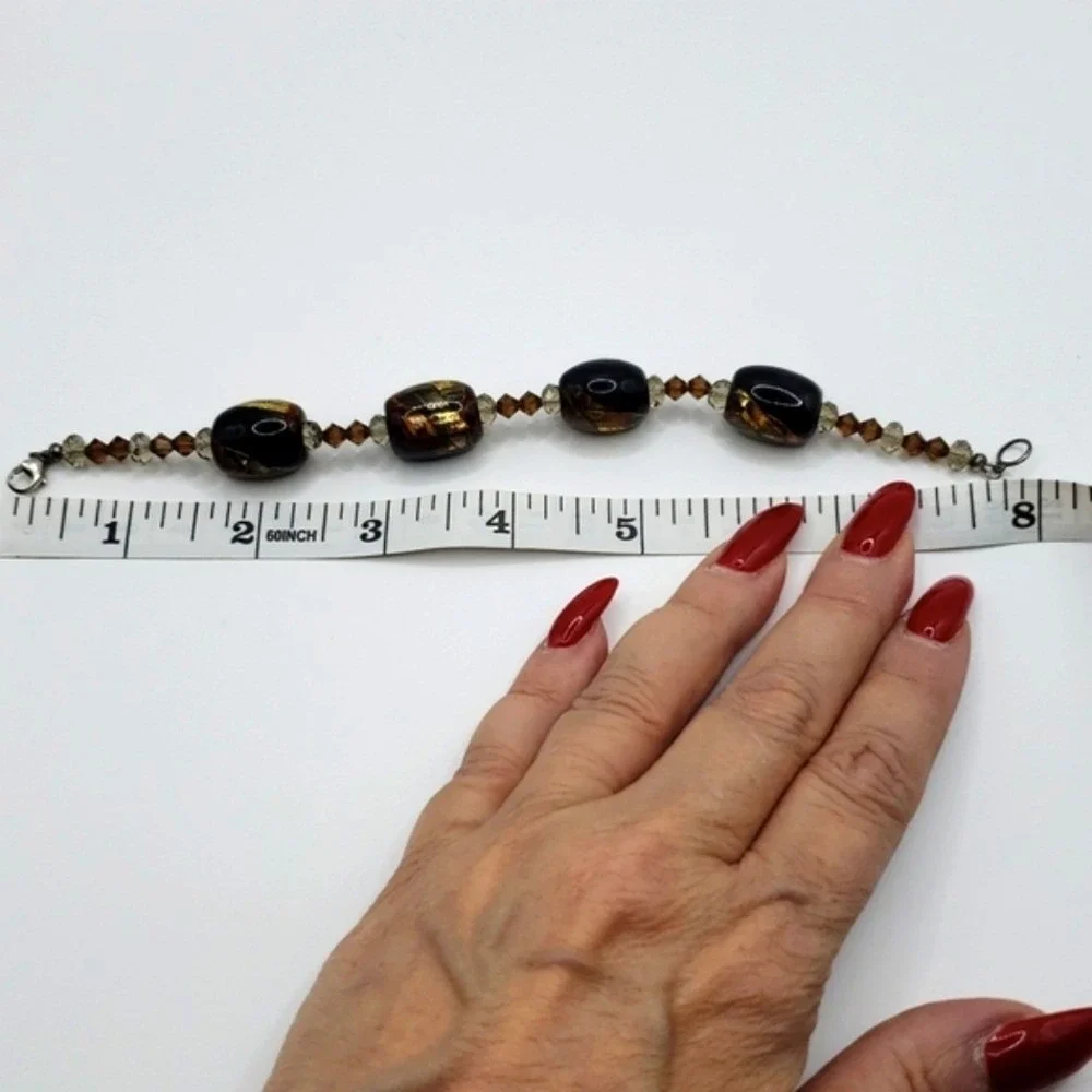 Murano Style Art Glass Bracelet Black Brown Gold Sparkle‎ Accents Beads